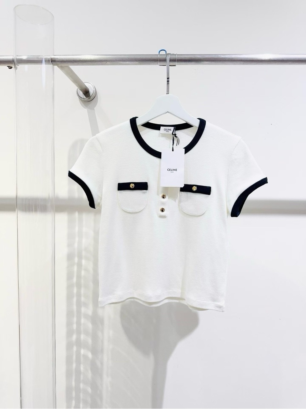 Celine GirlWhite Short-Sleeve Knit Top with Black Trim